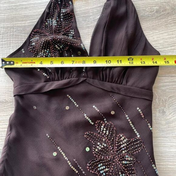Y2K Chocolate Brown Beaded Asymmetrical Halter Dress Fairy Vintage Cocktail Sz 2 - Picture 7 of 7
